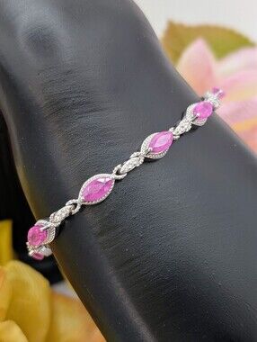 7.75ctw Mozambique Pink Sapphire & Zircon Rhodium Plated 925 Silver Bracelet